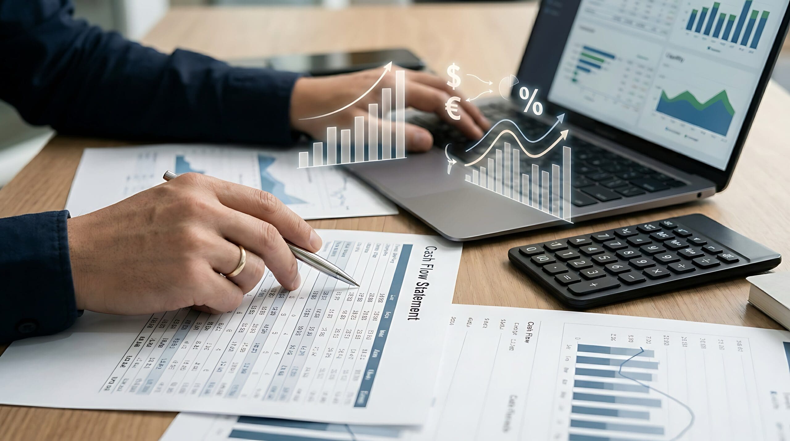 Business owner analyzing cash flow statements and financial reports to understand why rising revenue is not generating available cash.